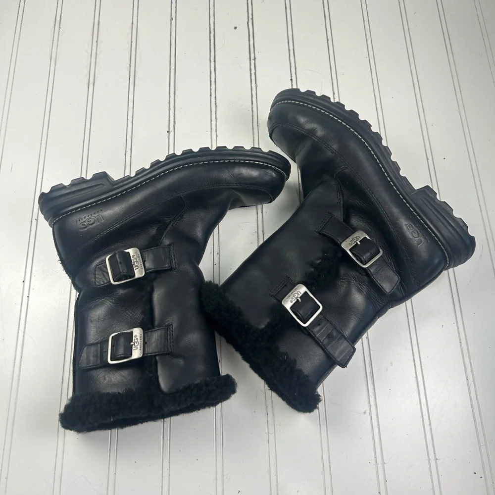 UGG Vintage Larkspur Black Leather Shearling Buckle Boots Women’s Size 6